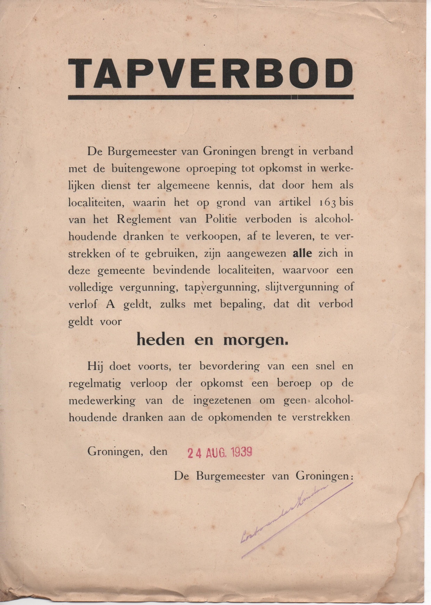 TAPVERBOD – MOBILISATIE 1939