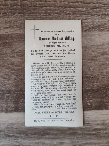 Bidprentje van Hermanus Hendrikus Wekking